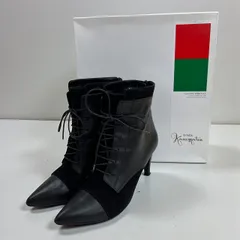 銀座かねまつ スエード×レザー ショートブーツ 編み上げ ブラック 23㎝