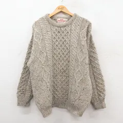 L/古着 長袖 アラン フィッシャーマン ケーブル セーター メンズ 90年代 90s ウール クルーネック アイルランド製 ベージュ他 25dec29