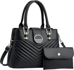 MYSKUFT ハンドバッグ レディース トートバッグ ショルダー付き 通勤 通学 きれいめ 大容量 軽量 PUレザー 韓国風 おしゃれ 小さめポーチ付き (ブラック,  29cm x 21cm x 12cm)