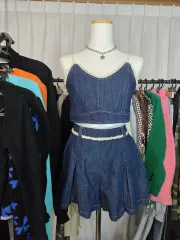 デニム クロップド トップス + プリーツ ハーフパンツ セット