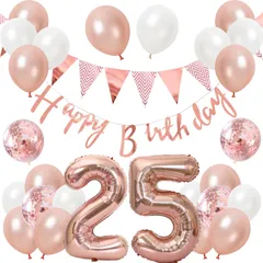 バルーン 風船セット 飾り付け 25歳 happy birthday 誕生日 ガーランド バースデー 飾り ハッピーバースデー 大きい数字 紙吹雪風船 パーティー プレゼント サプライズ 大人 女の子 ローズピンク