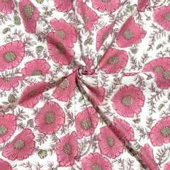 【50cm単位】ホワイトマゼンタレトロフラワー　インド　ハンドブロックプリント生地　テキスタイル コットン