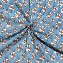 【50cm単位】くすみブルーパープルスモールフラワー　インド　ハンドブロックプリント生地　テキスタイル コットン