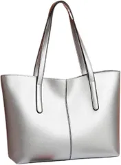 MYSKUFT トートバッグ レディース 大容量 シンプル 通勤 通学 ビジネス A4対応 PUレザー 無地 (シルバー,  幅44cmx縦28cmx奥行11.5cm)