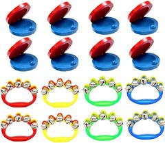 SALUDABLE Handbell Castanets Musical Instrument Set (8 Castanets & 8 Ring Bells)