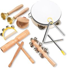 SALUDABLE Percussion Instrument Set: Triangle, Castanets, Woodblocks, Bells (7-piece set)
