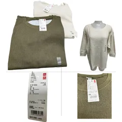 ２ F-015-411　未使用  2色セット　ユニクロ　UNIQLO　2枚セット　WOMEN 　ワッフル クルーネックT 　七分袖 　オフホワイト　オリーブ　UNIQLO　 XXL 　バスト 98-104cm