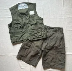 90s　vintage　ヴィンテージ古着　フィッシングベスト×カーゴハーフパンツ　上下セットアップ　複数ポケット　カーキグリーン　無地　L　一点物　ハンティング　アウトドア　Y2K　fishing vest × half cargo pants set up
