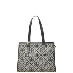 トリーバーチ Tモノグラム ショルダーバッグ トートバッグ ネイビー ベージュ キャンバス レザー レディース Tory Burch【1-0253784】