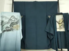 平和屋着物●男性　髭紬　アンサンブル　長襦袢(袷)セット　長羽織　紺色　正絹　逸品DABC3211az