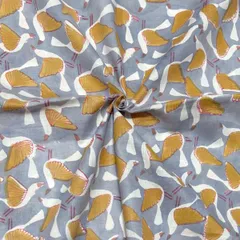 【50cm単位】グレー白い鳥赤くちばし　インド　ハンドブロックプリント生地　テキスタイル コットン