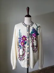 ハンドメイド 花 刺繍 ウール カーディガン