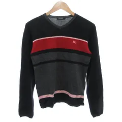 バーバリーブラックレーベル BURBERRY BLACK LABEL ニット セーター 長袖 薄手 Vネック プルオーバー ホース刺繍 ウール 2 黒 ブラック 赤 レッド /GV ■GY61
