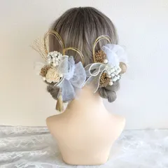 髪飾り＊成人式 卒業式 結婚式 ウェディング 振袖 袴 和装 前撮り~ソラダリア リボン チュール パールシャワー タッセル ツイン ひつじヘア~ホワイトゴールド 白 20本