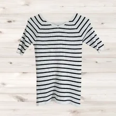 A1164 プラステ PLST ニット セーター 半袖(M) 白 黒 ボーダー 総柄 Vネック