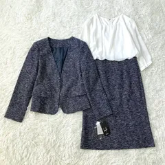 【タグ付き】SANSFIN セレモニースーツ ワンピースとノーカラージャケットのセットアップ ネイビー系 ツイード生地 シフォンブラウス M相当