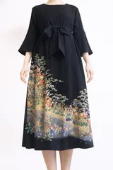 着物リメイク ワンピース黒留袖 正絹 落款 作家物 風景花文