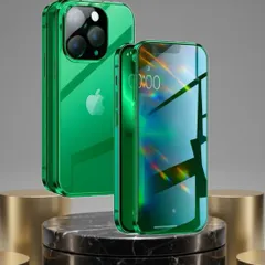 iPhone 15 Pro ケース フルカバー 両面ガラス グリーン マグネット式 360°全面保護 透明 耐衝撃