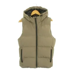 ジーユー GU 中綿ベスト ジャケット M 茶 ブラウン ダークベージュ フード付き ジップポケット 袖なし /AH43 ■GY63