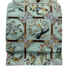 【美品】 袋帯 逸品 丸文 草花 刺繍 金糸 水色 六通 正絹 【中古】