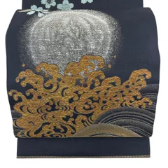 【美品】 丸帯 逸品 波頭 桜 金銀糸 唐織 黒 お太鼓柄 正絹 【中古】