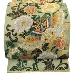 【美品】 袋帯 秀品 牡丹唐草 蝶 金銀糸 唐織 灰緑 六通 正絹 【中古】