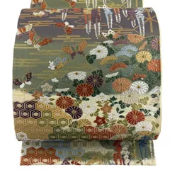 【美品】 袋帯 秀品 草花 亀甲 唐織 箔 灰緑 六通 正絹 【中古】