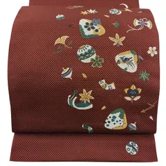 【美品】 名古屋帯 秀品 八寸名古屋帯 トンネル仕立て 手毬 花鳥 唐織 赤茶 正絹 【中古】