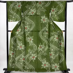 【美品】 浴衣 身丈165cm 裄丈65cm M 絞り浴衣 草花 流水 抹茶色 綿 名品 【中古】