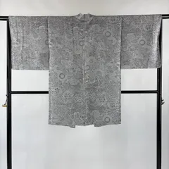 【美品】 羽織 身丈96.5cm 裄丈66cm M 草花 菱 紋意匠 灰色 正絹 名品 【中古】