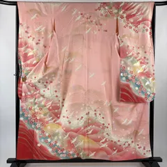 振袖 身丈157.5cm 裄丈65cm M 袷 鈴乃屋 鶴 桜 金銀彩 ピンク 正絹 秀品 【中古】