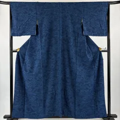 小紋 身丈158cm 裄丈66cm M 袷 草花 建物 藍色 正絹 優品 【中古】