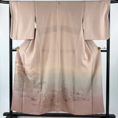 【美品】 色留袖 身丈155cm 裄丈68cm L 袷 草花 ヱ霞 刺繍 ぼかし ピンクベージュ 正絹 秀品 一つ紋 【中古】