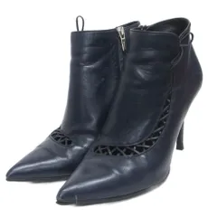 サルヴァトーレフェラガモ Salvatore Ferragamo ショートブーツ ブーティ 編み込み リボン ピンヒール ポインテッドトゥ 0561355 紺 ネイビー 6.5