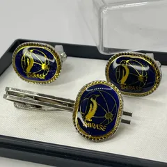 南極観測船「しらせ」ネクタイピン＆カフスボタン セット 横長円デザイン ペンギン レーダー柄 SHIRASE ブルー ゴールド 紳士用 アクセサリー 記念品 砕氷船 コレクターズアイテム 【1円玉はサイズ比較用・販売対象外