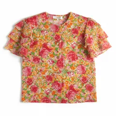 ニナリッチNINA RICCI ブラウス 花柄 袖フリル 綿100％ タグ付き 肩パット ボタン カラフル ピンク オレンジ グリーン 9サイズ 991749のサムネイル