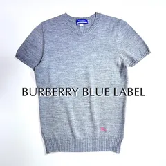 cX38 BURBERRY BLUE LABEL 半袖 ホース刺繍 ニット セーター ウール 毛 グレー 38 バーバリーブルーレーベル