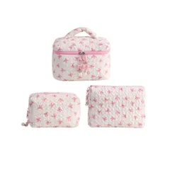 化粧ポーチ トイレタリーバッグ 大容量 化粧品収納 小物収納 レディース ハンドバッグ お出かけ用、旅行用 可愛い 実用的 おしゃれ 蝶結び (3点セット) -ホワイト・ピンク