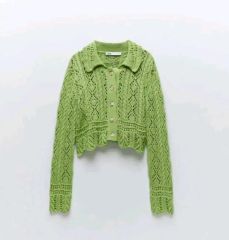 ザラ ZARA ライトグリーン クロシェ カラ ニット カーディガン m メッシュ クロシェ カーディガン