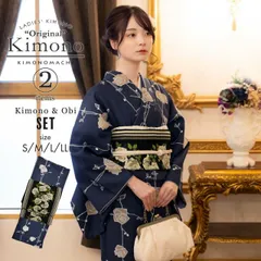 洗える着物 セット「袷着物：ばら 墨紺色＋京袋帯：黒 アンティークローズ」KIMONOMACHI オリジナル 着物と帯の2点セット サイズS/M/L/LL コーディネート済み着物セット 小紋 レディース キモノ