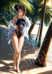 TA-0013 南国ビーチ 競泳水着 大人女性 透けカーディガン AIアートフォト A4