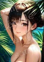 TA-0015 濡れ髪の微笑み 南国リゾート 水滴ポートレート 女性 AIアートフォト A4