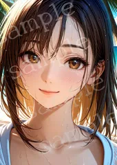 TA-0016 水滴きらめく濡れ髪ビーチ 接写ポートレート 女性 AIアートフォト A4