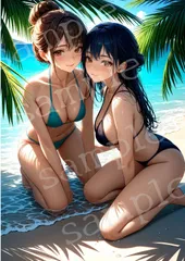 TA-0017 南国の波打ち際 ふたりポートレート ビキニ女性 AIアート A4