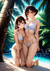 TA-0021 南国　ビーチ　の二人 水滴きらめく　ツイン　ポートレート AIアートフォト A4