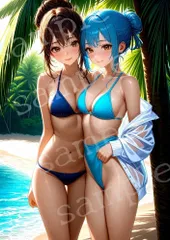 TA-0022 トロピカルブルー　二人 パームリーフと　海辺　ツーショット AIアートフォト A4