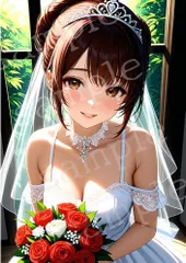 TA-0030 窓辺の 花嫁 赤 薔薇 ブーケ ティアラ ベール AIアートフォト A4