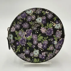 COACH（コーチ）フローラルプリント ラウンドコインケース ブラック 花柄レザー シルバー金具