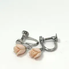 アンティーク調 薔薇モチーフ バラ 本珊瑚イヤリング シルバー金具 彫刻細工 コーラルローズ 上品 ヴィンテージ アクセサリー レディース I9