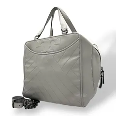 トリーバーチ TORY BURCH 2WAY ハンドバッグ ショルダーバッグ グレー レザー ブラック金具 スクエア型 ロゴ 斜め掛け可 ファスナー開閉 レディース U11